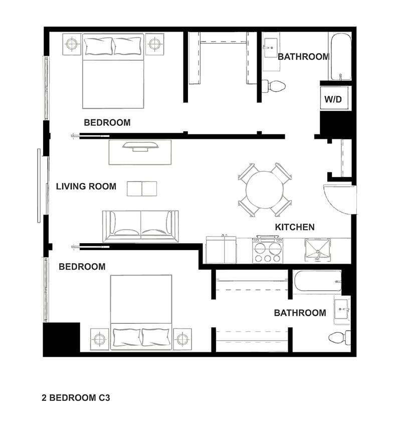 Two Bedroom Floor Plan at H16 Apartments